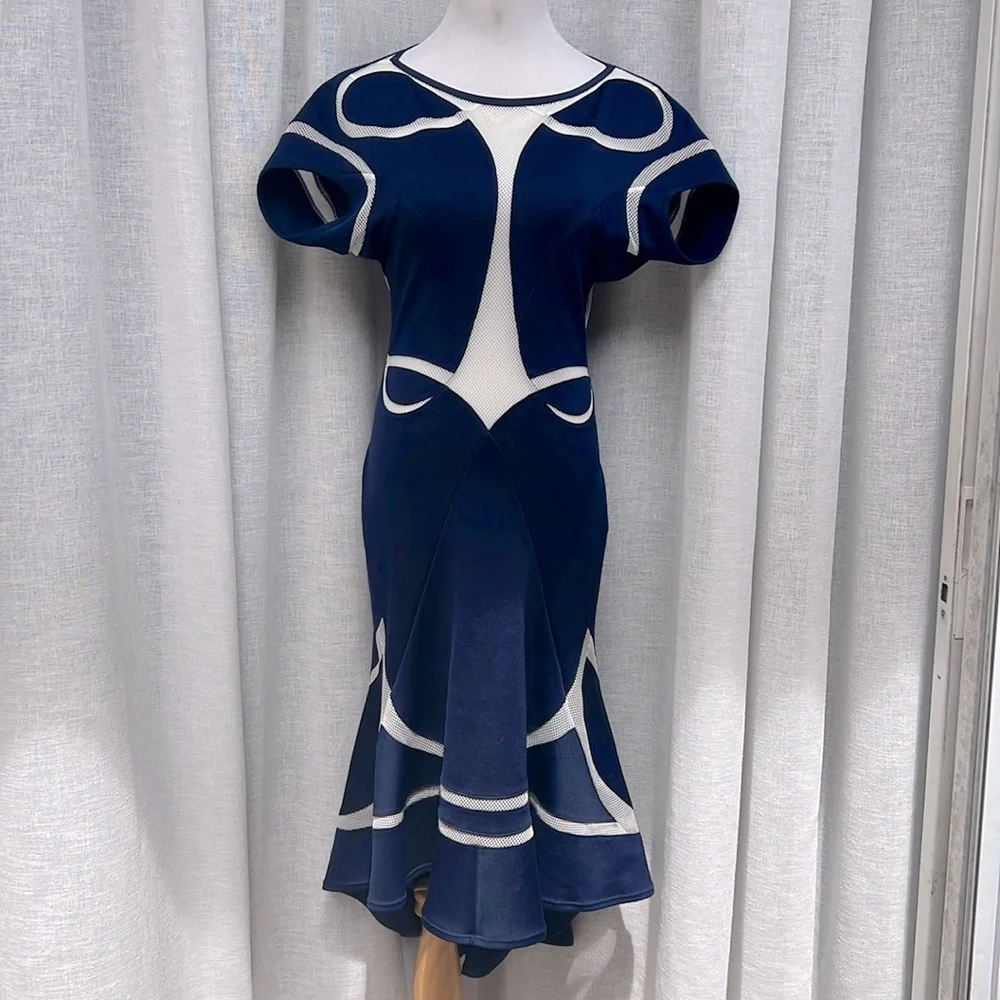Junya Wantanabe Comme des Garcons neoprene mesh panel dress, blue and white - Picture 1 of 10